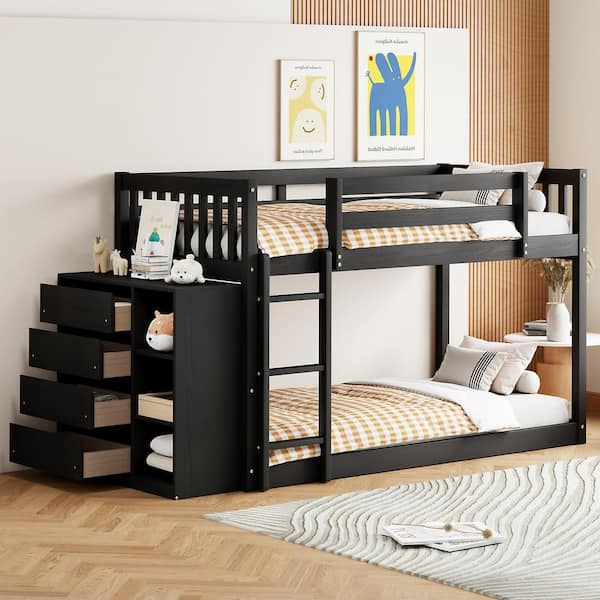 Qualler Espresso Twin Over Twin Bunk Bed with 4-Drawers and 3-Shelves