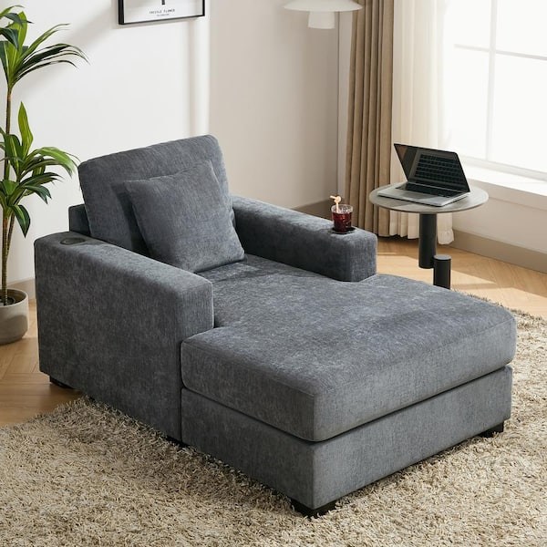 Harper & Bright Designs Blue-Gray 39.7 in. Chenille Oversized Squre Arm Chaise Lounge with Pillow, Charge Station and Cup Holders