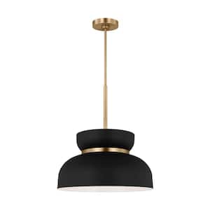 Pemberton Medium 12 in. W x 49.5 in. H 1-Light Midnight Black and Burnished Brass Shaded Pendant Light with Steel Shade