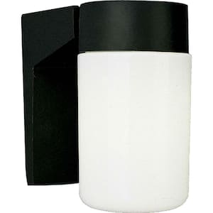 Black Hardwired Outdoor Wall Lantern Sconce with Opal Glass Cylinder Shade