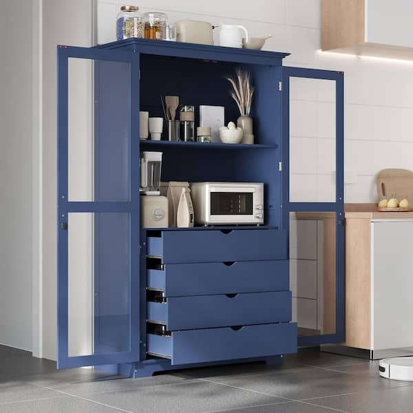 Blue Wood Kitchen Pantry, Buffet Hutch with Glass Doors