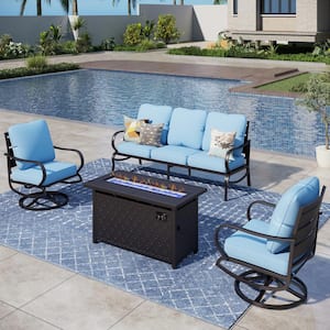 5 Seat 4-Piece Metal Outdoor Patio Conversation Set with Blue Cushions, Swivel Chairs, Rectangular Fire Pit Table