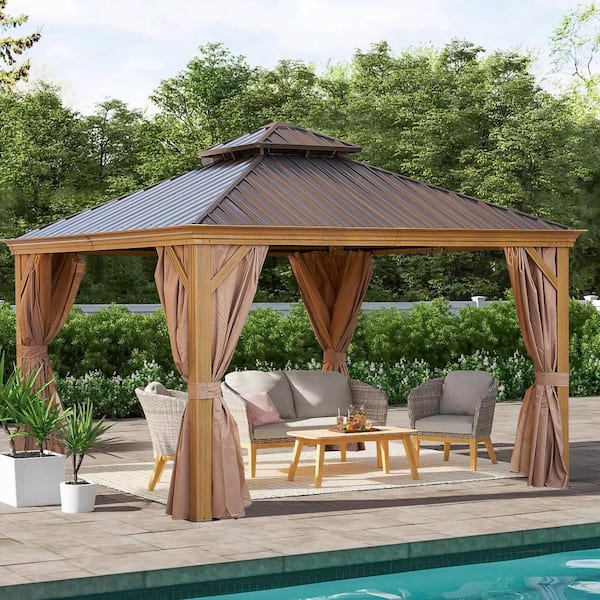 ToolCat 12 ft. x 12 ft. Patio Gazebo, Alu Gazebo with Steel, Outdoor Permanent Hardtop Gazebo Canopy in Wood Grain, Bronze