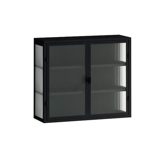 FUNKOL 9.06 in. W x 27.56 in. D x 23.62 in. H in Matte Black Metal Ready to Assemble Wall Kitchen Cabinet with Glass Doors