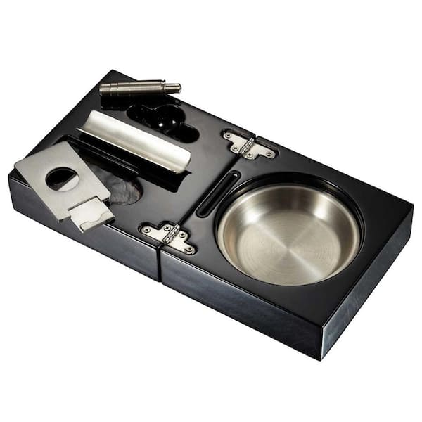 Visol Bremen Black Lacquer Folding Cigar Ashtray with Cutter and Punch