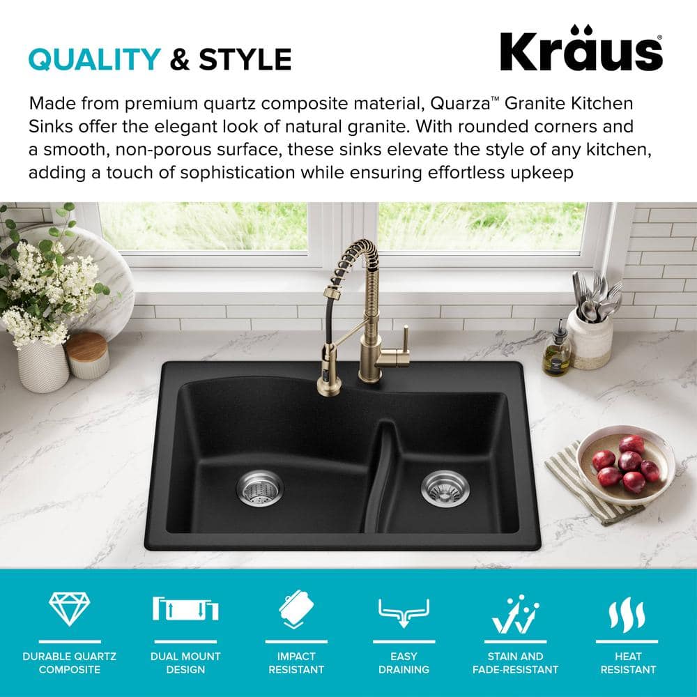 33-Inch Black Granite Double Bowl Drop-In Kitchen Sink