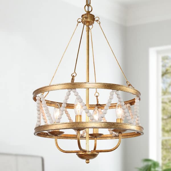 Uolfin 15.7 in. 4-Light Traditional Farmhouse Gold Chandelier with Natural Wood Beads, Bohemian Dining Room Pendant Light