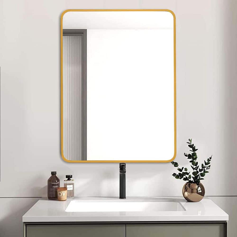 Gold 24 in. W x 32 in. H Rectangle Wood Framed Bathroom Mirror,Anti-Rust,Te