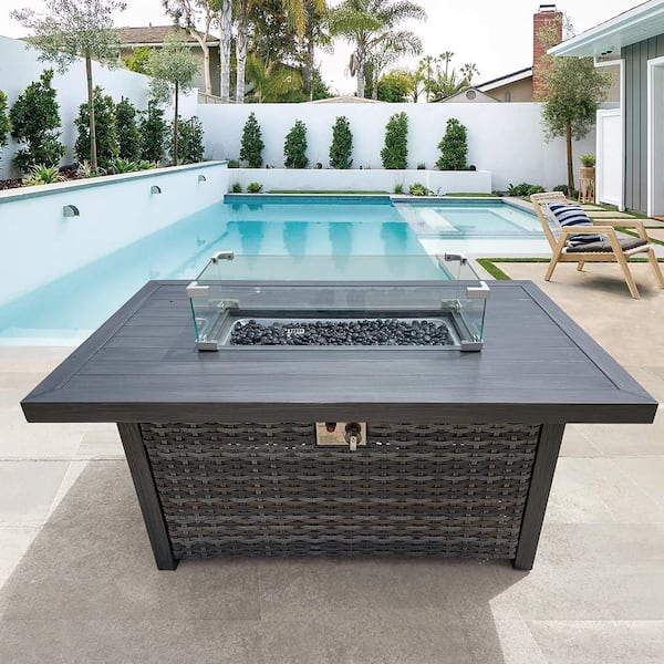 HiGreen Outdoor Manbo 51.18 in. x 31.49 in. Rectangle Aluminum Wicker Outdoor Propane Fire Pit Table with Protective Cover