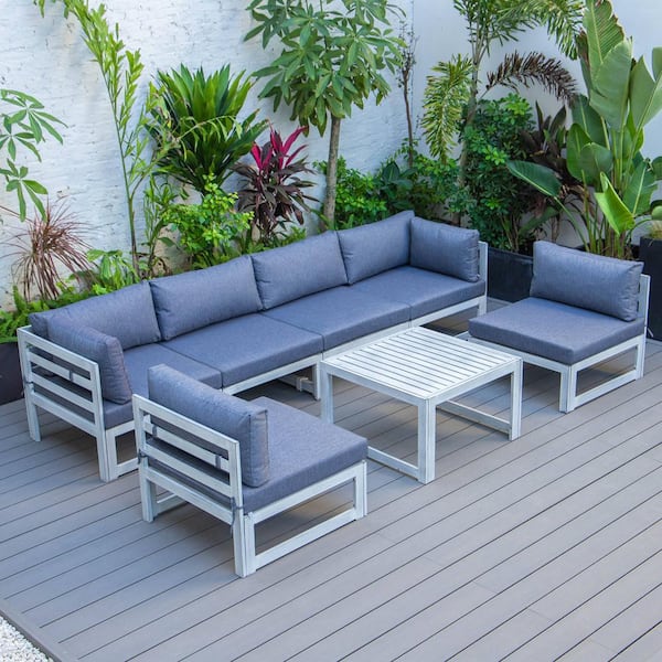 Leisuremod Chelsea Weathered Grey 7-Piece Conversation Set with Blue Cushions