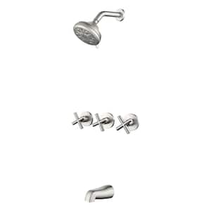 Triple Handles 10-Spray Shower Faucet 1.8 GPM with Easy to Install Feature in Brushed Nickel