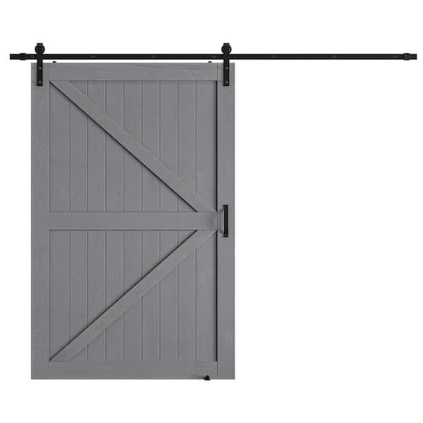SOCBAZZAR 54 in. x 84 in. Grey Wood K-Shaped Natural Solid Finished Interior Sliding Barn Door with Hardware Kit