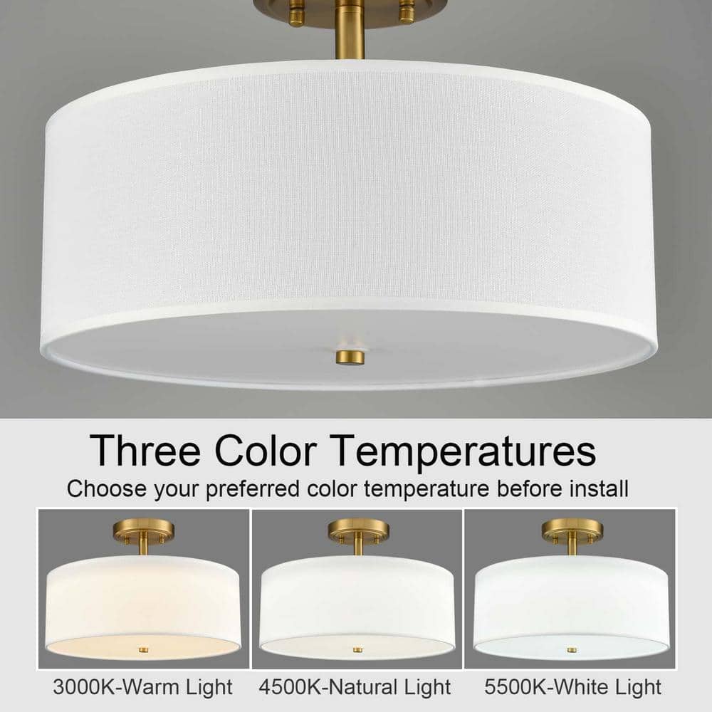 15-Inch Brass Gold Semi Flush Mount Drum Shade LED Ceiling Light