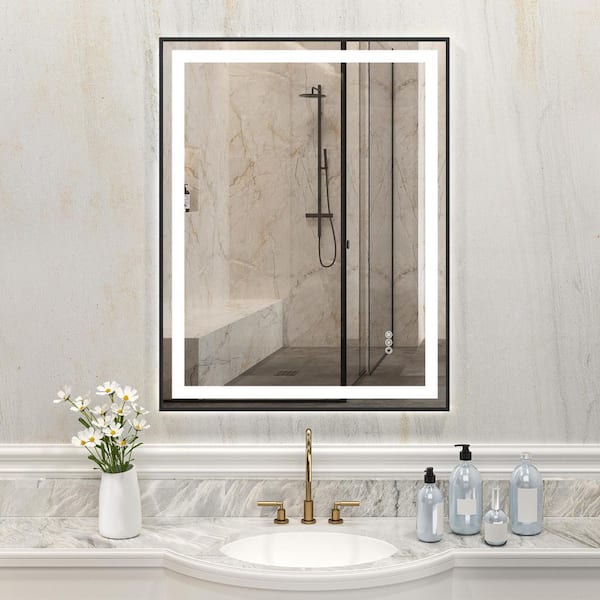 WOODSAM 28" W x 36" H Rectangular Framed LED Light Anti-Fog Wall Bathroom Vanity Mirror Front-Lit and Backlit