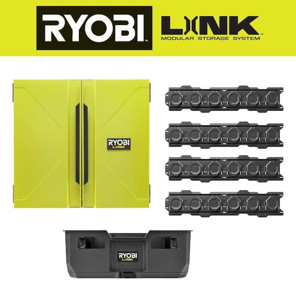 RYOBI LINK Wall Cabinet with LINK Tool Crate and LINK (4-Pack) Of Wall Rails