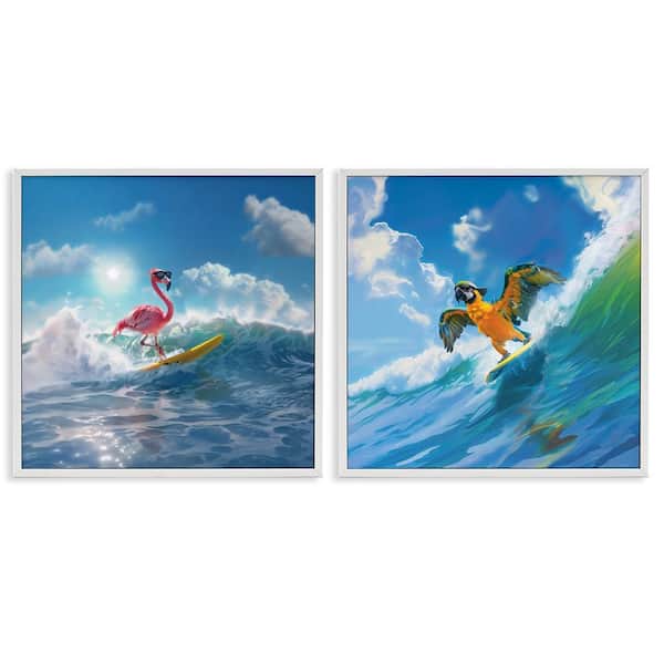 Stupell Industries Parrot and Flamingo Surf by Jim Baldwin 2 Pieces White Framed Coastal Giclee Art Print 12 in. x 12 in.