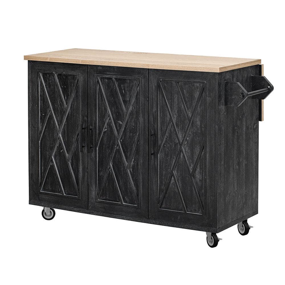 Black Solid Pine Wood 51 in. Geometric Twill Stripe Textured Kitchen Island