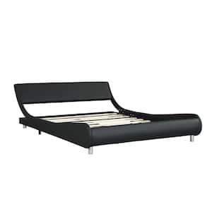 Black Wood Frame Queen Size Slat Faux Leather Upholstered Curve Design Platform Bed