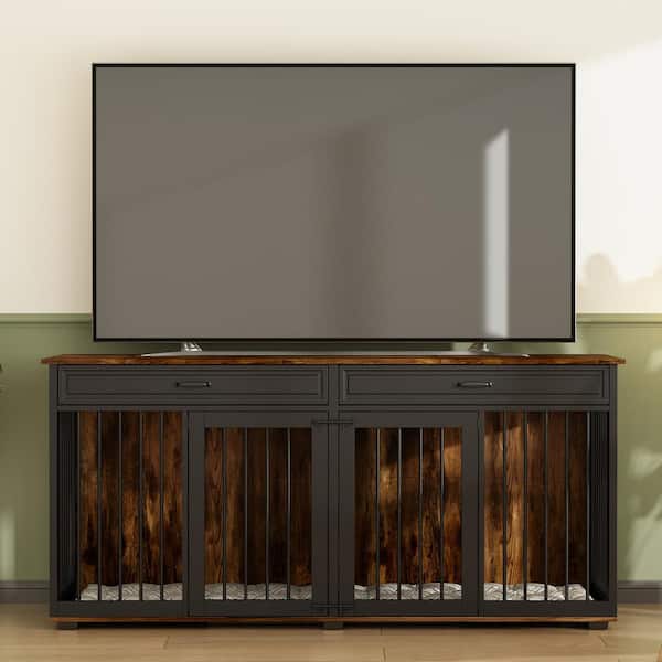 Modern Large Dog Kennel Furniture with 2 Drawers, Indestructible Dog Cage with Removable Irons, Black and Tiger Skin