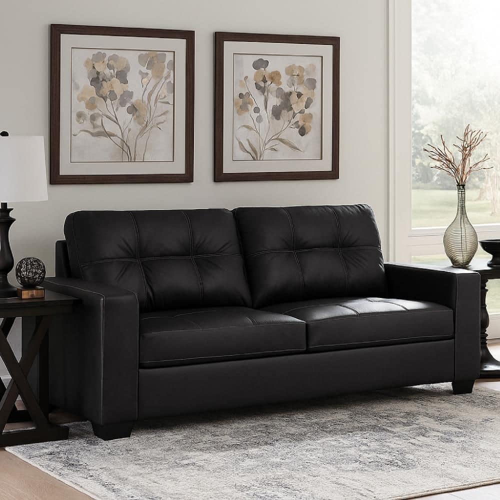 Benjara Barl 38 in. Square Arm Faux Leather Rectangle Loose Back