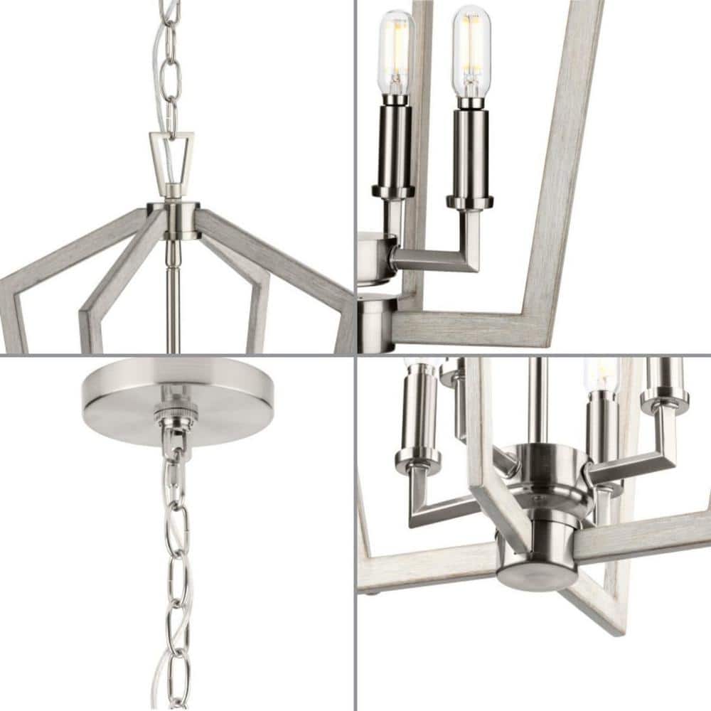 Brushed Nickel 4-Light Candelabra Chandelier with Oak Finish