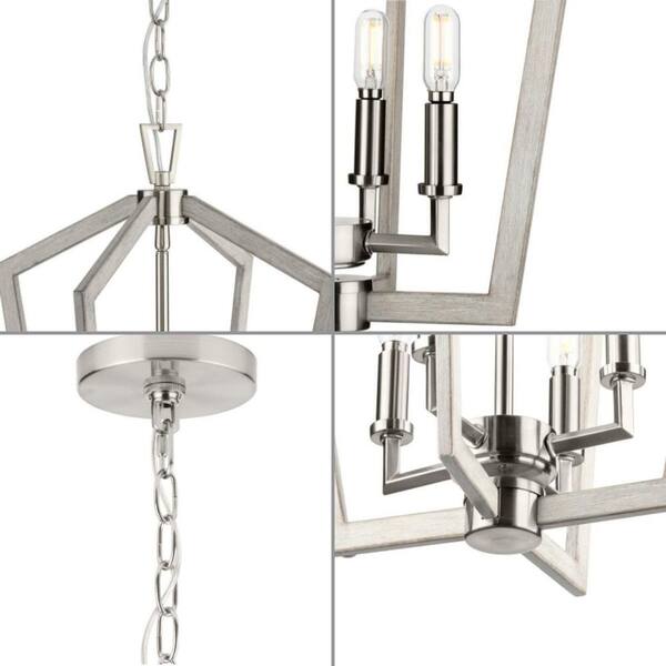 Progress Lighting Galloway 4-Light 18 in. Brushed Nickel Modern Farmhouse Foyer Light with Grey Washed Oak Accents