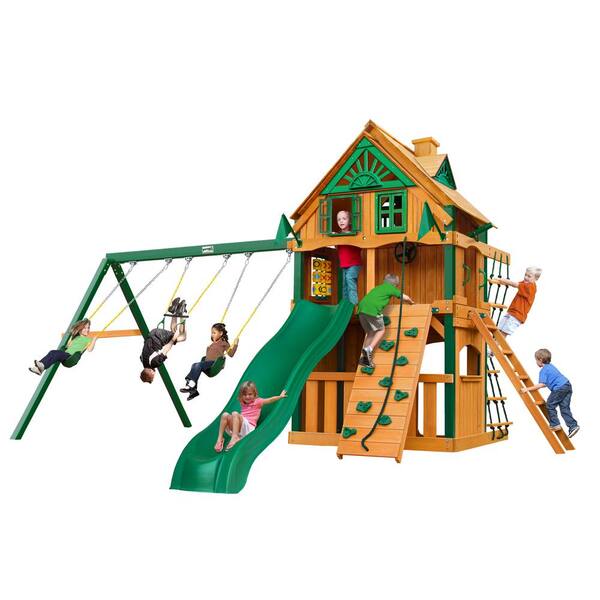 Gorilla Playsets Chateau Clubhouse Treehouse Wooden Swing Set with Fort Add-On, Timber ShieldPosts, and Alpine Wave Slide