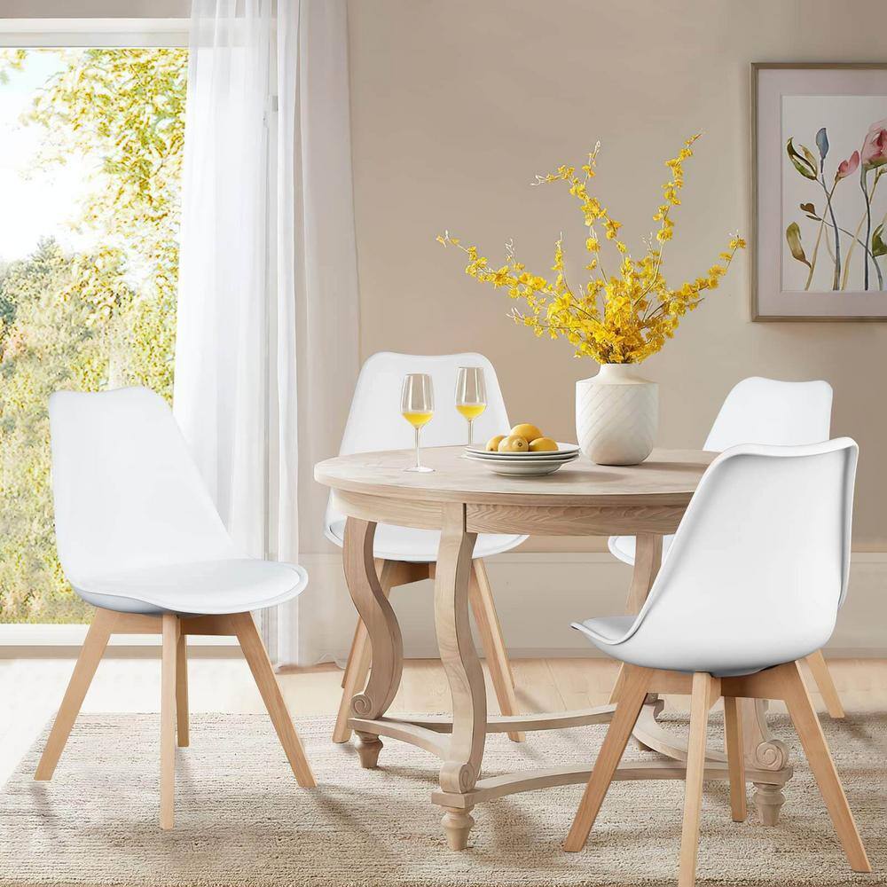 Set of 4 White Faux Leather Upholstered Dining Side Chairs with Wood Legs