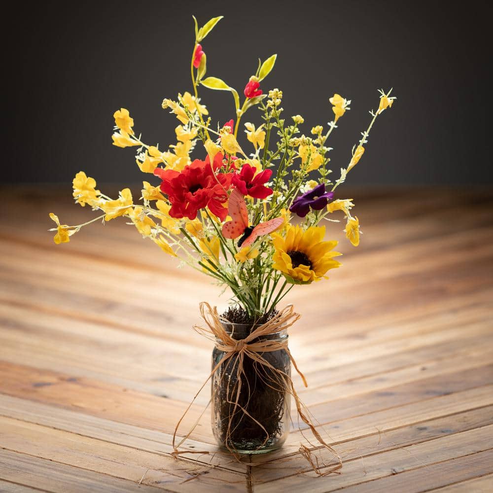 Vibrant Yellow and Red Silk Wildflower Arrangement in Glass Jar