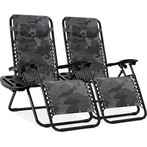 Camouflage Adjustable Steel Mesh Zero Gravity Lounge Chair Recliners with Pillows and Cup Holder Trays, Set Of 2