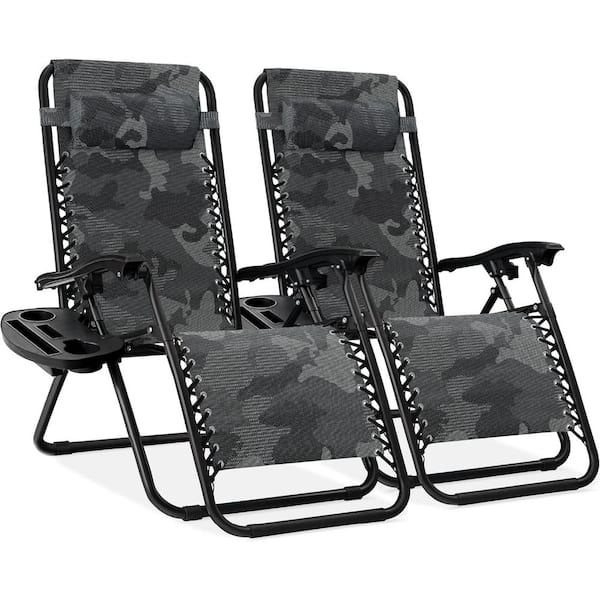 ITOPFOX Camouflage Adjustable Steel Mesh Zero Gravity Lounge Chair Recliners with Pillows and Cup Holder Trays, Set Of 2