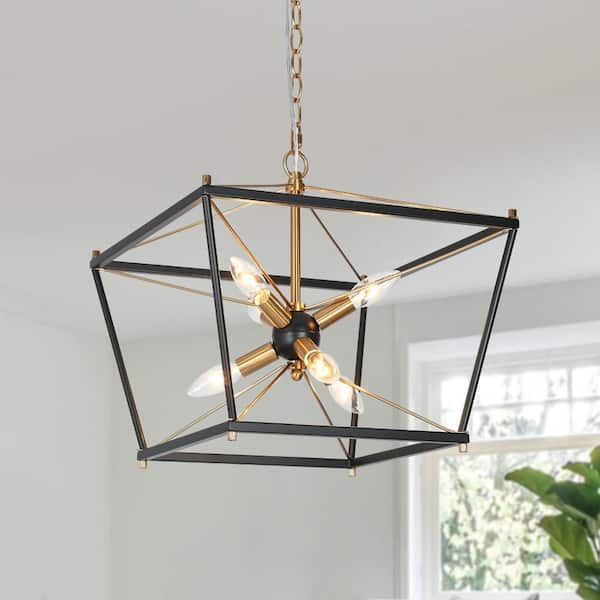 Modern Farmhouse 6-Light Black Caged Chandelier, 15.5 in. Brass Sputnik DIY Pendant Hanging Light for Dining Room, Foyer