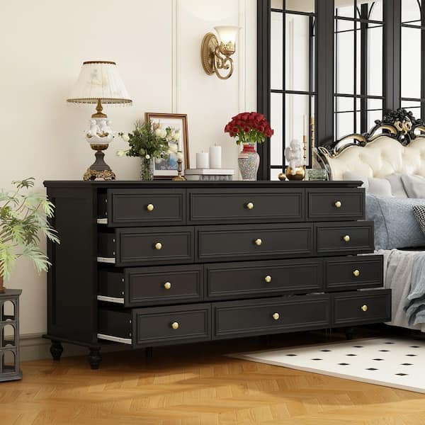 Black Wooden 63 in. Width 12 Drawer Dresser Storage Cabinet Console with Wooden Legs European Style