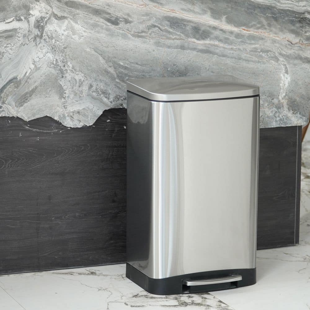 Brushed Stainless Steel Rectangular Step-On Trash Can, 10.6 Gallon