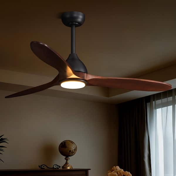 56 in. Integrated LED Standard Indoor Balck Wood Ceiling Fan with Light Downrod Mount Remote Control Included