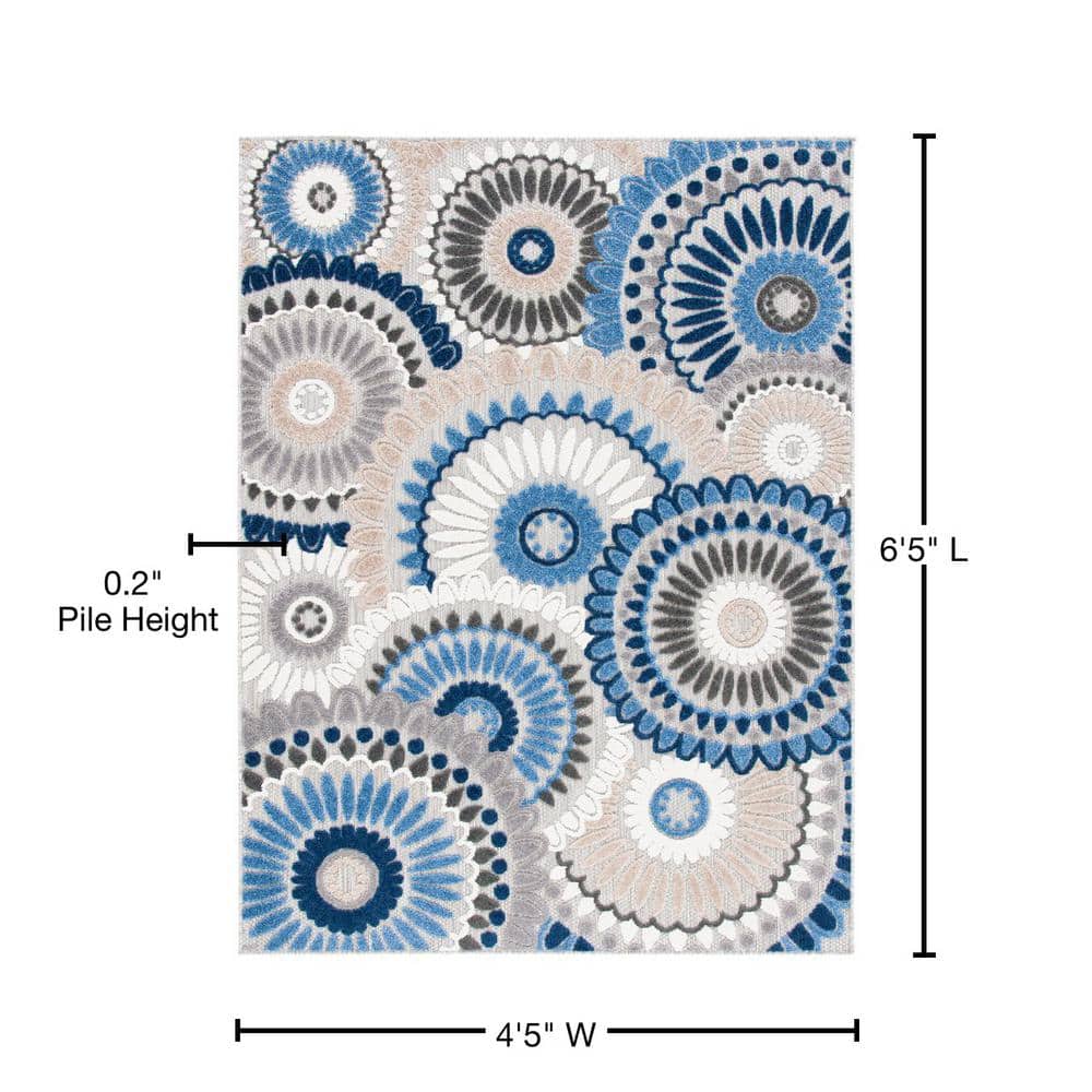 Grey and Blue Floral Synthetic Rectangular Area Rug, 4'5" x 6'5"