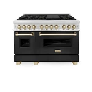 Autograph Edition 48 in. 7-Burner Double Oven Dual Fuel Range with Matte Black Door and Polished Gold Accents