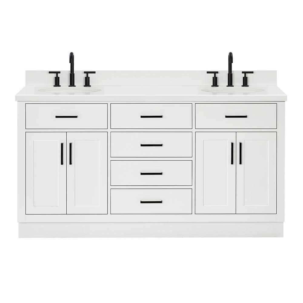 White Quartz Double Basin Freestanding Vanity with Black Hardware