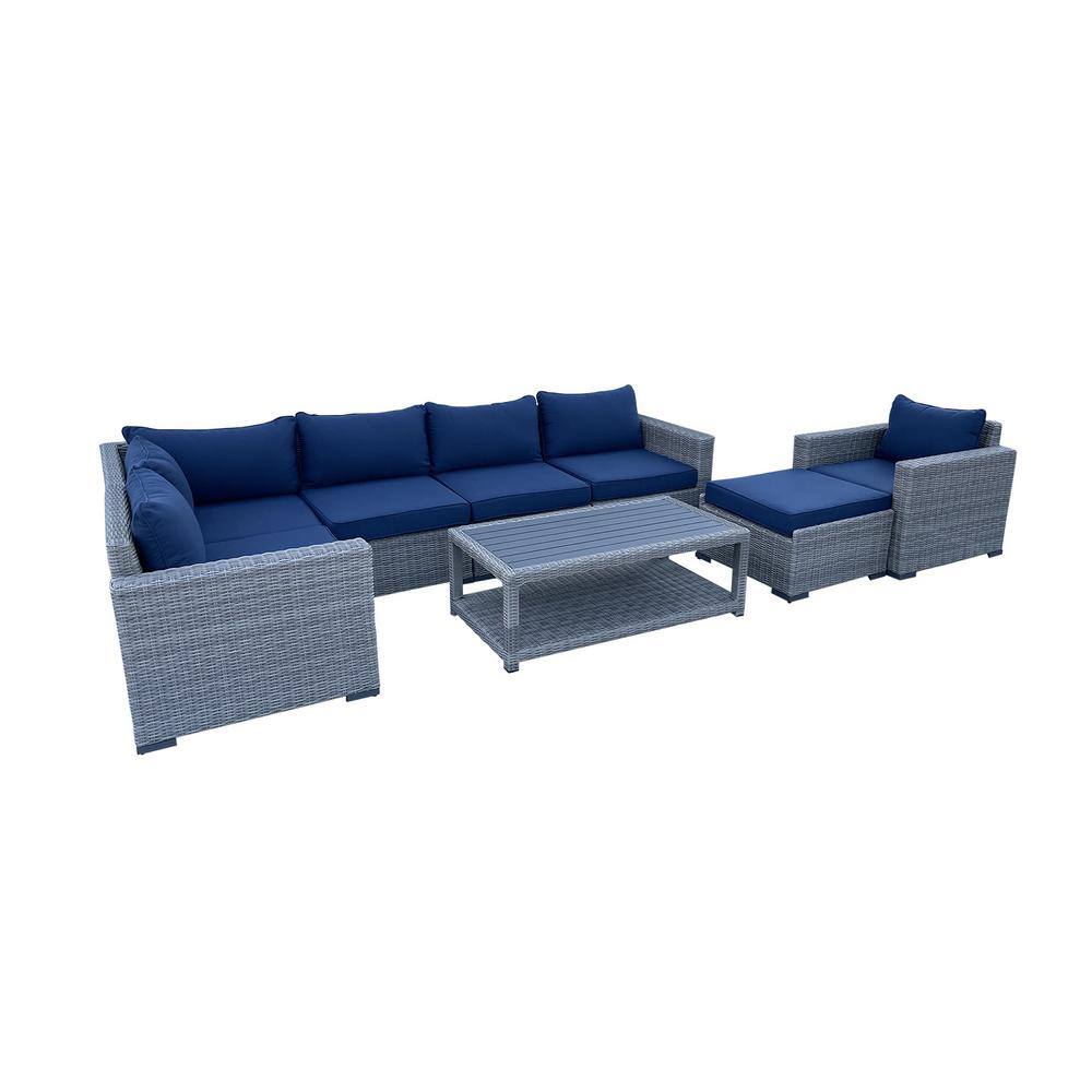 Urban Oasis 8-Piece Wicker Rattan Outdoor Sectional Set with Blue Cushions 