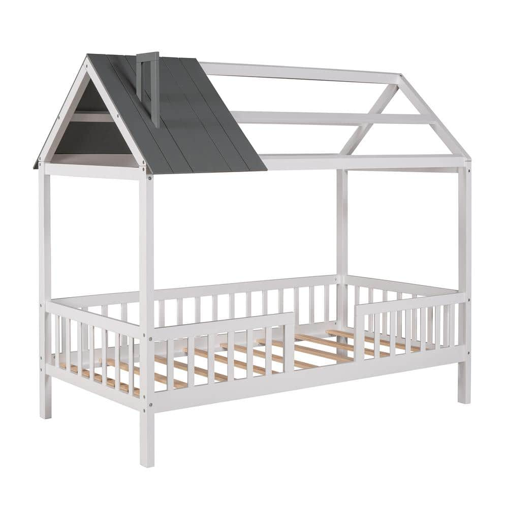 aisword White Gray Twin Size Wood House Bed with Fence WF28964PBH0AAD ...