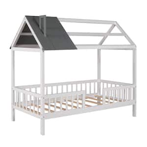 White Gray Twin Size Wood House Bed with Fence