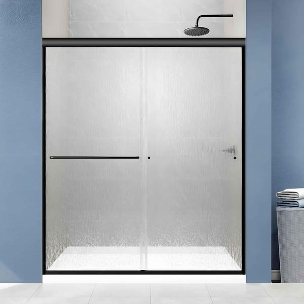 Lonni 56 in. to 60 in. W x 70 in. H Sliding Glass Shower Door in Matte Black Finish with Rain Tempered Glass