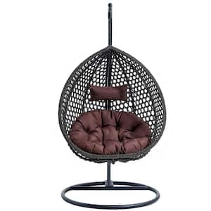 40 in. W Black Wicker Patio Swing with Brown Cushion For Patio Balcony, Backyard, Bedroom