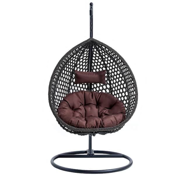 Polibi 40 in. W Black Wicker Patio Swing with Brown Cushion For Patio Balcony, Backyard, Bedroom