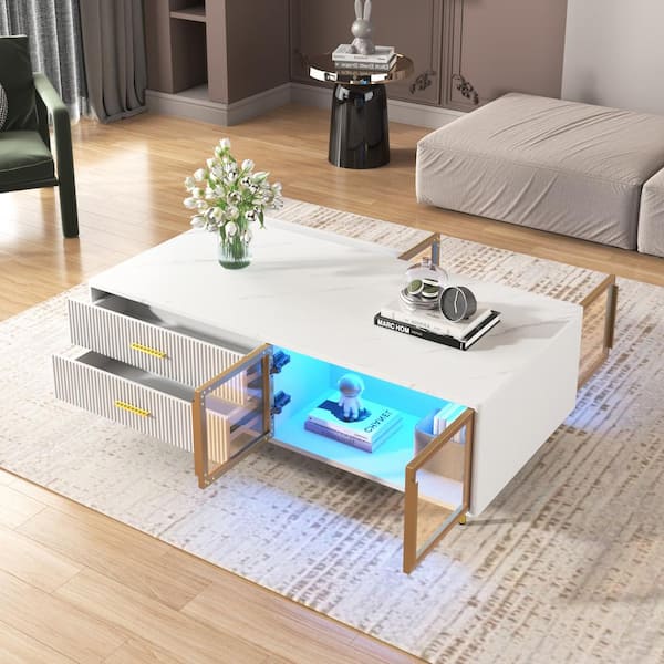 Harper & Bright Designs 47.2 in. White Rectangle MDF Coffee Table with Multi-Color Lights, 4 Drawers, 2 Glass Doors, Gold Metal Legs