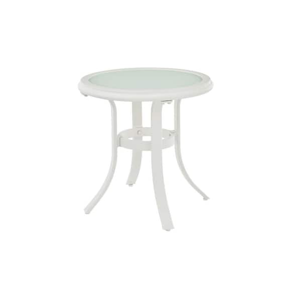 Hampton Bay Riverbrook Shell White Round Glass Top Aluminum Outdoor Patio Side Table Fm18107 Al St The Home Depot - White Outdoor Patio Side Tables