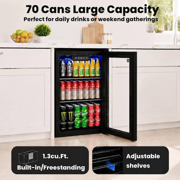 15.35 in. Single Zone 70-Cans Built-in/Freestanding Beverage Cooler Fridge with Shelves in Matte Black, Interior Light