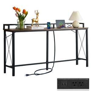 VECELO Narrow Charging Station 55.1 In. Brown Rectangle Wood Console ...