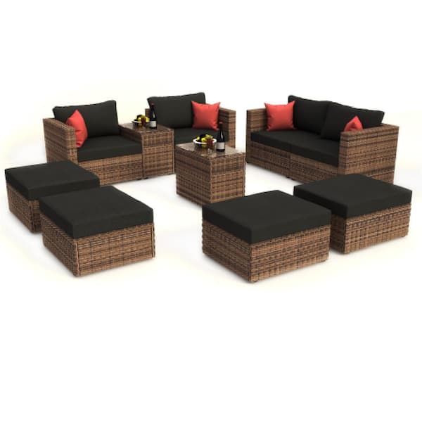 ITOPFOX Garden Patio Brown 10-Piece Wicker Outdoor Sectional Set with Black Cushions with Red Pillow