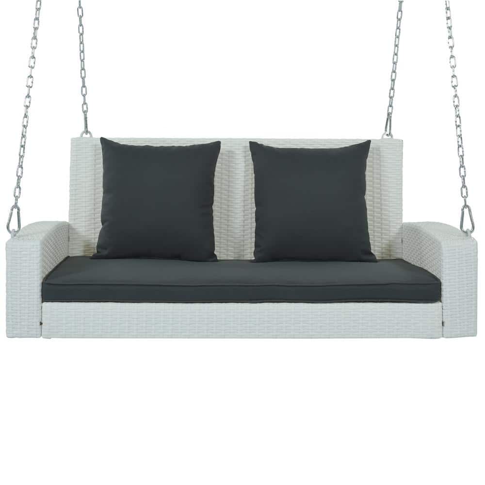2-Person White Wicker Outdoor Patio Porch Swing with Chains, Black Cushion 